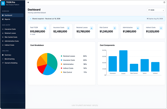 RiskEnvision scenario modeling view comparing baseline and alternative strategies with projected total cost of risk outcomes.