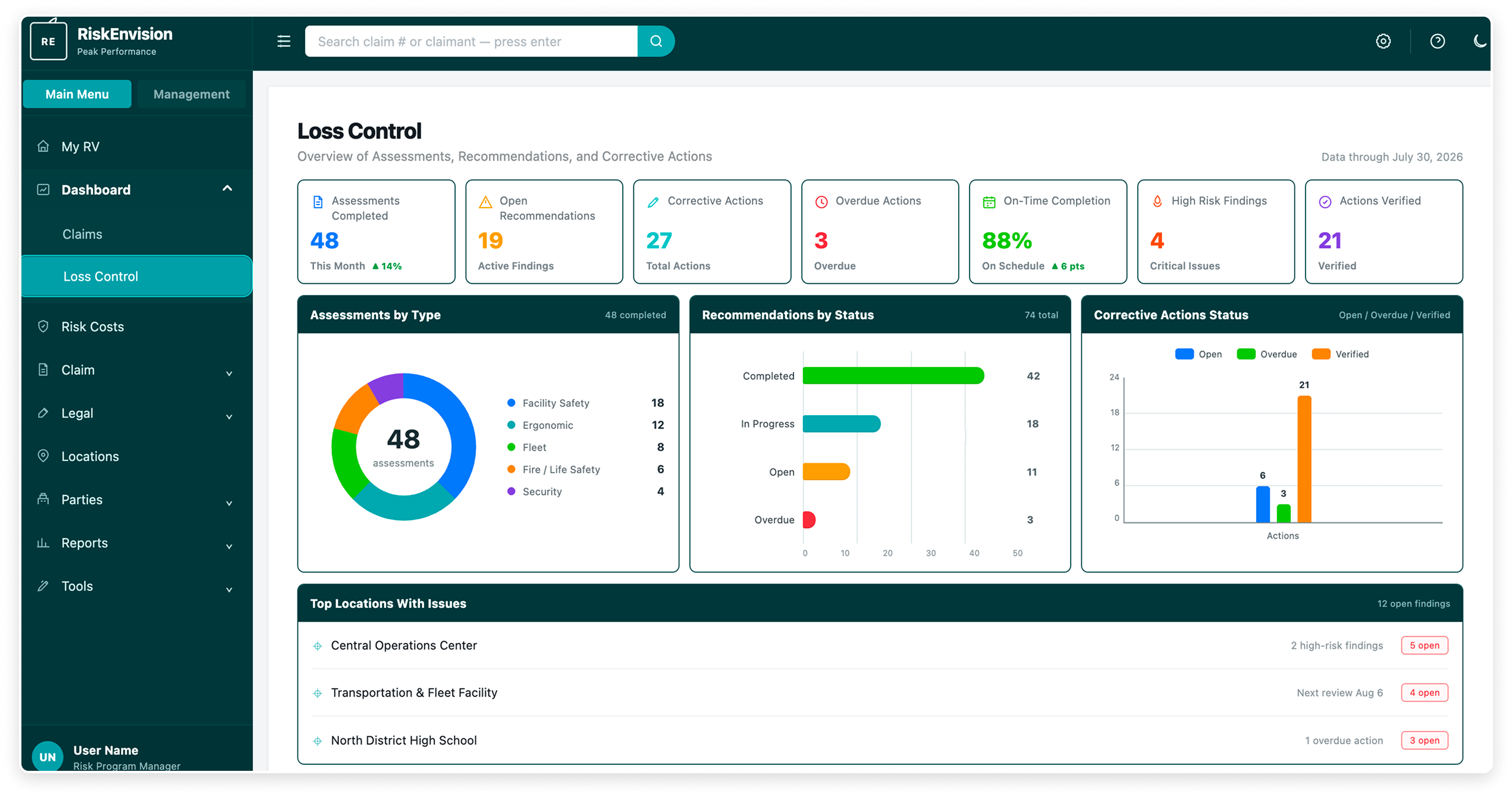 RiskEnvision scenario modeling view comparing baseline and alternative strategies with projected total cost of risk outcomes.